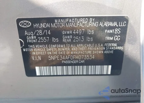 2015 Hyundai Sonata Sport из США, поврежденный, VIN 5NPE34AF0FH073534